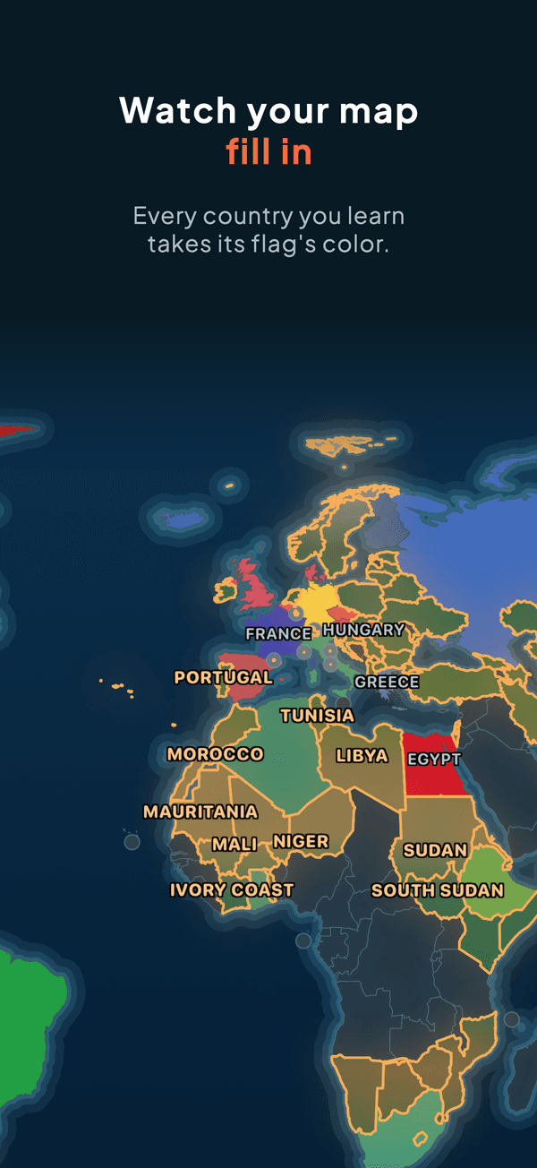 The world map filling in, each learned country in its own flag colour