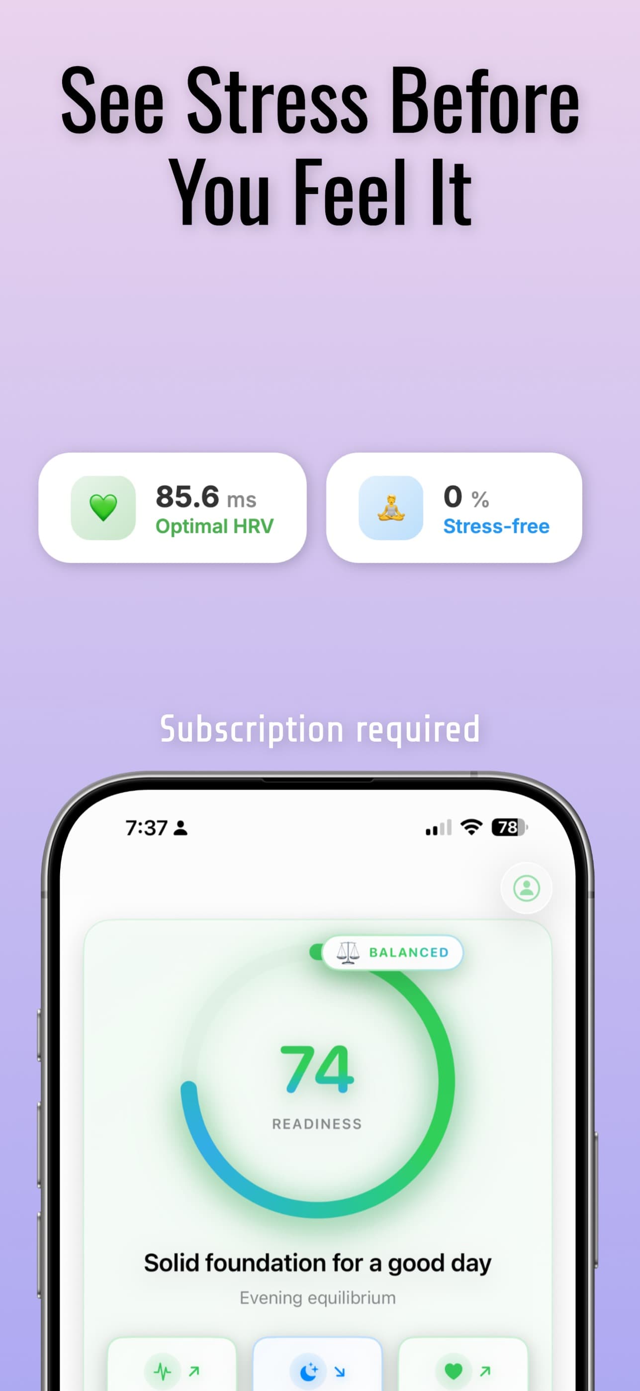 HeartCure stress and HRV readiness dashboard on iPhone