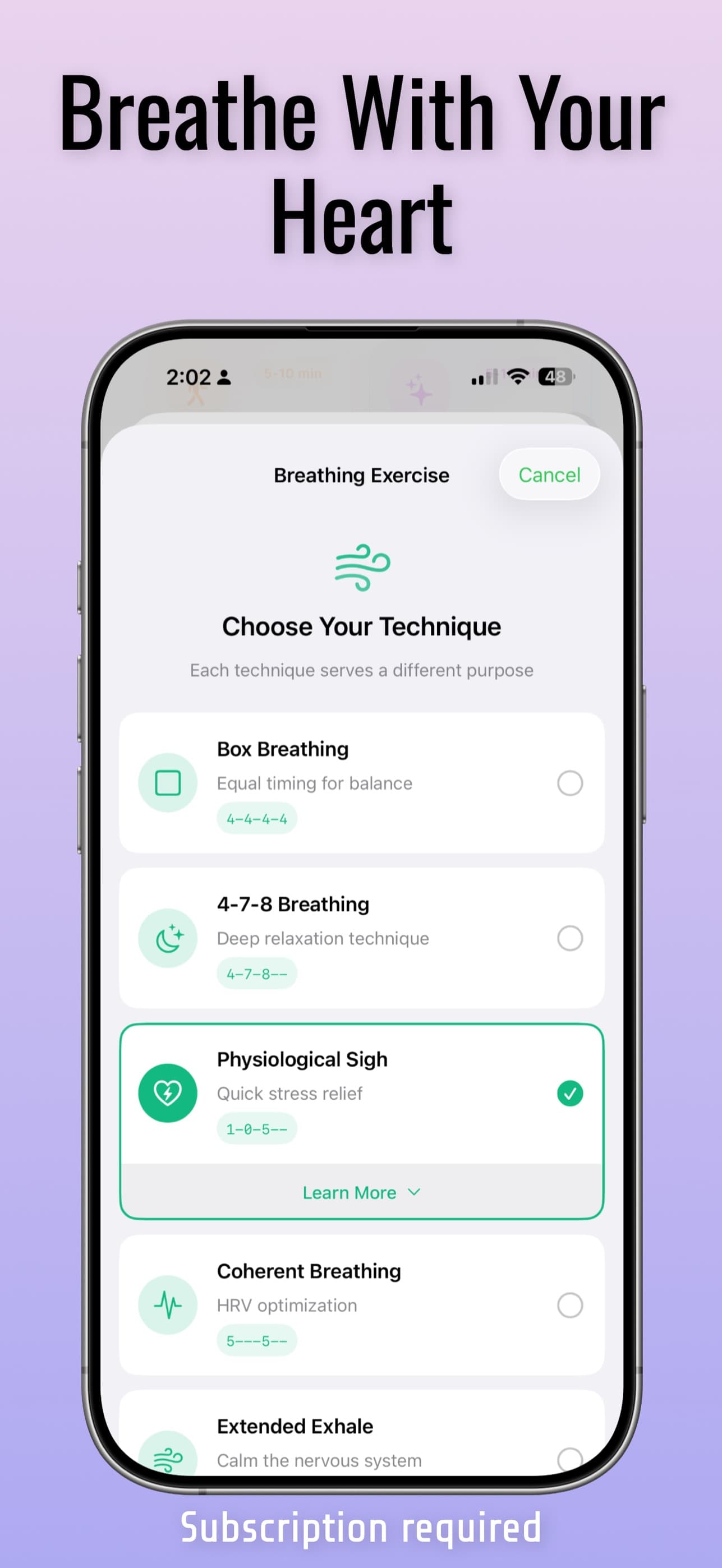 HeartCure breathing exercise technique picker