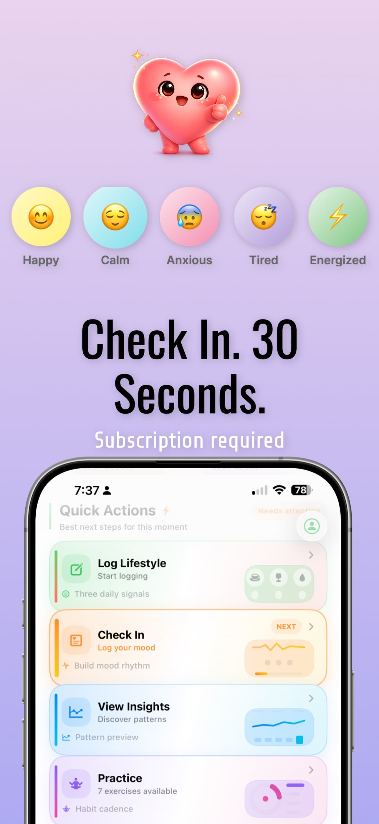 HeartCure mood and emotional check-in experience
