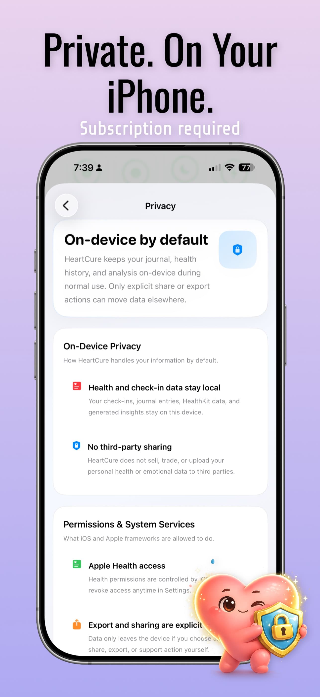 HeartCure on-device privacy screen explaining local health data