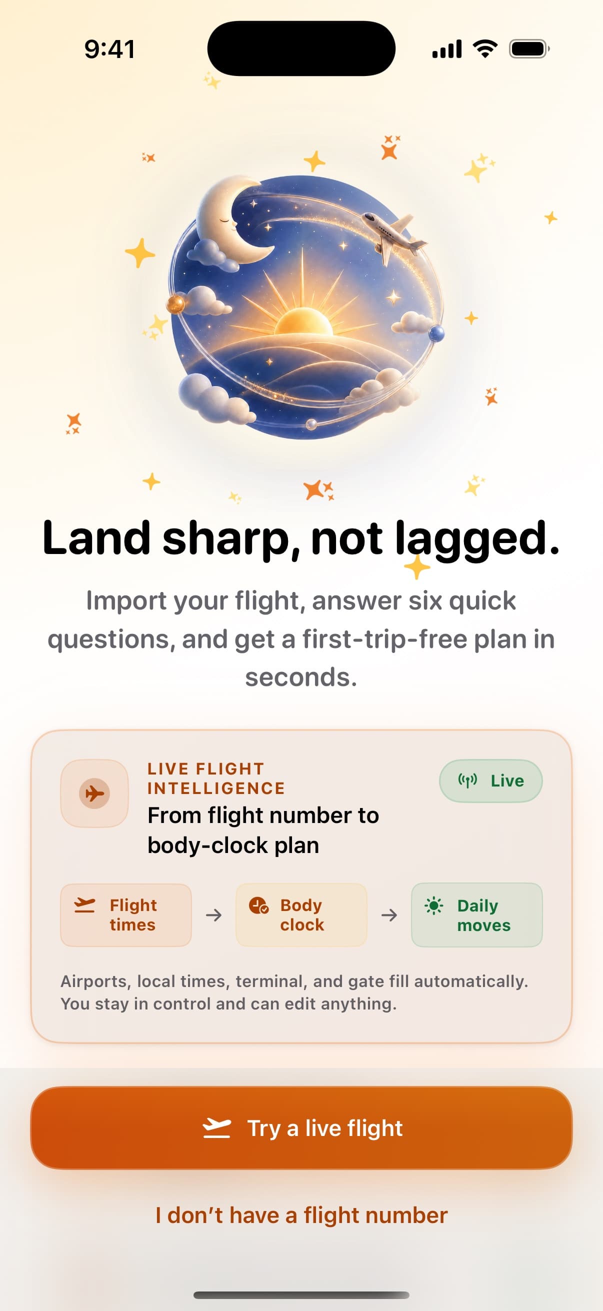 ShiftGuard onboarding with live flight import and a playful day-and-night travel illustration