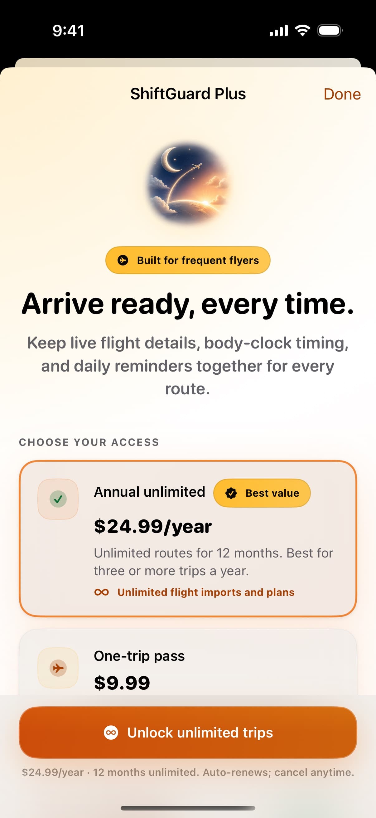 ShiftGuard Plus screen with annual unlimited access and a one-trip pass