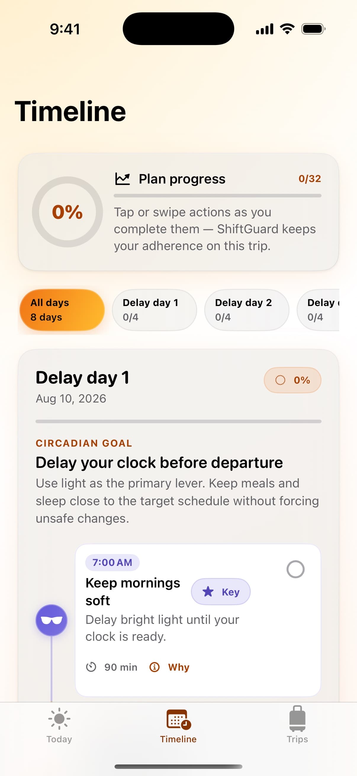 ShiftGuard Timeline screen showing day filters, plan progress, and a morning light recommendation