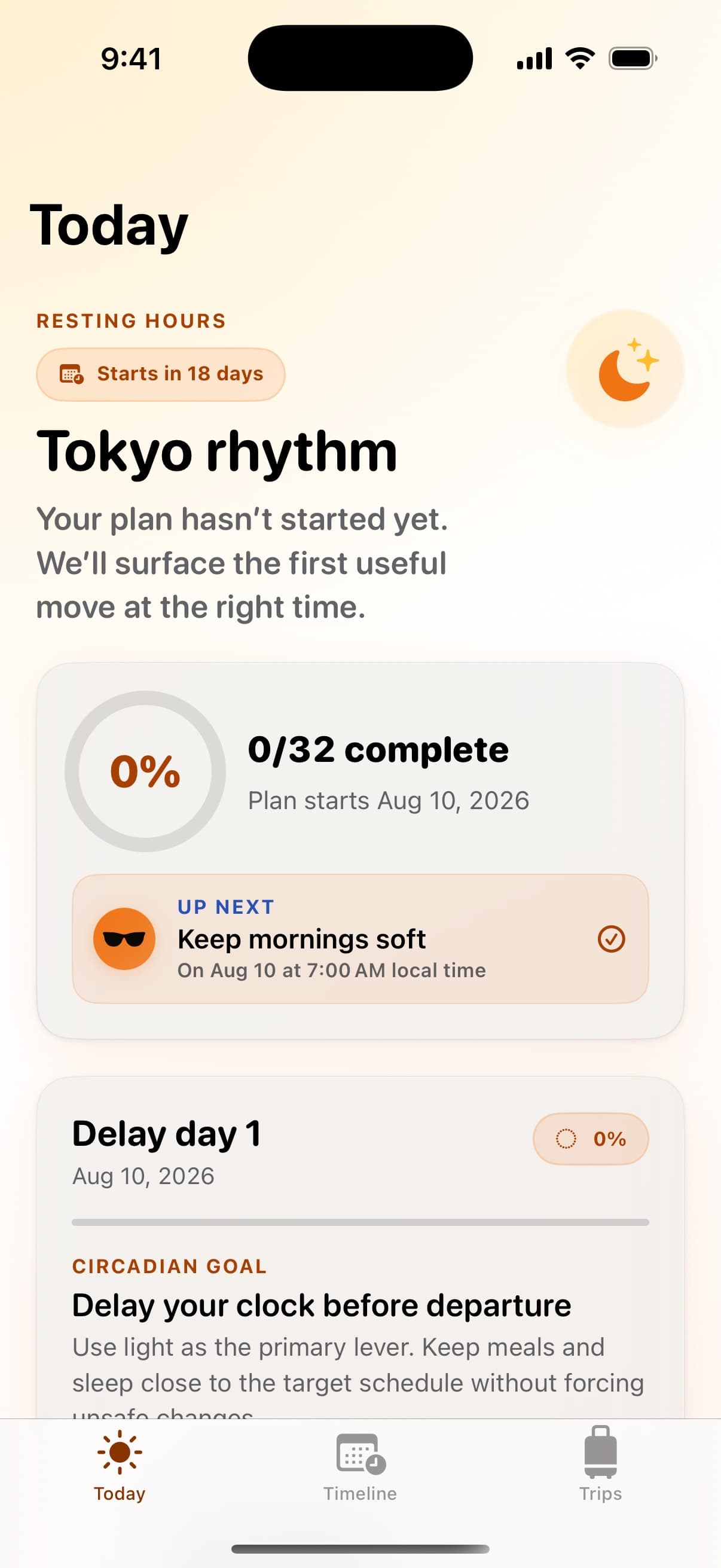 ShiftGuard Today screen showing Tokyo body-clock timing, plan progress, and the next light action