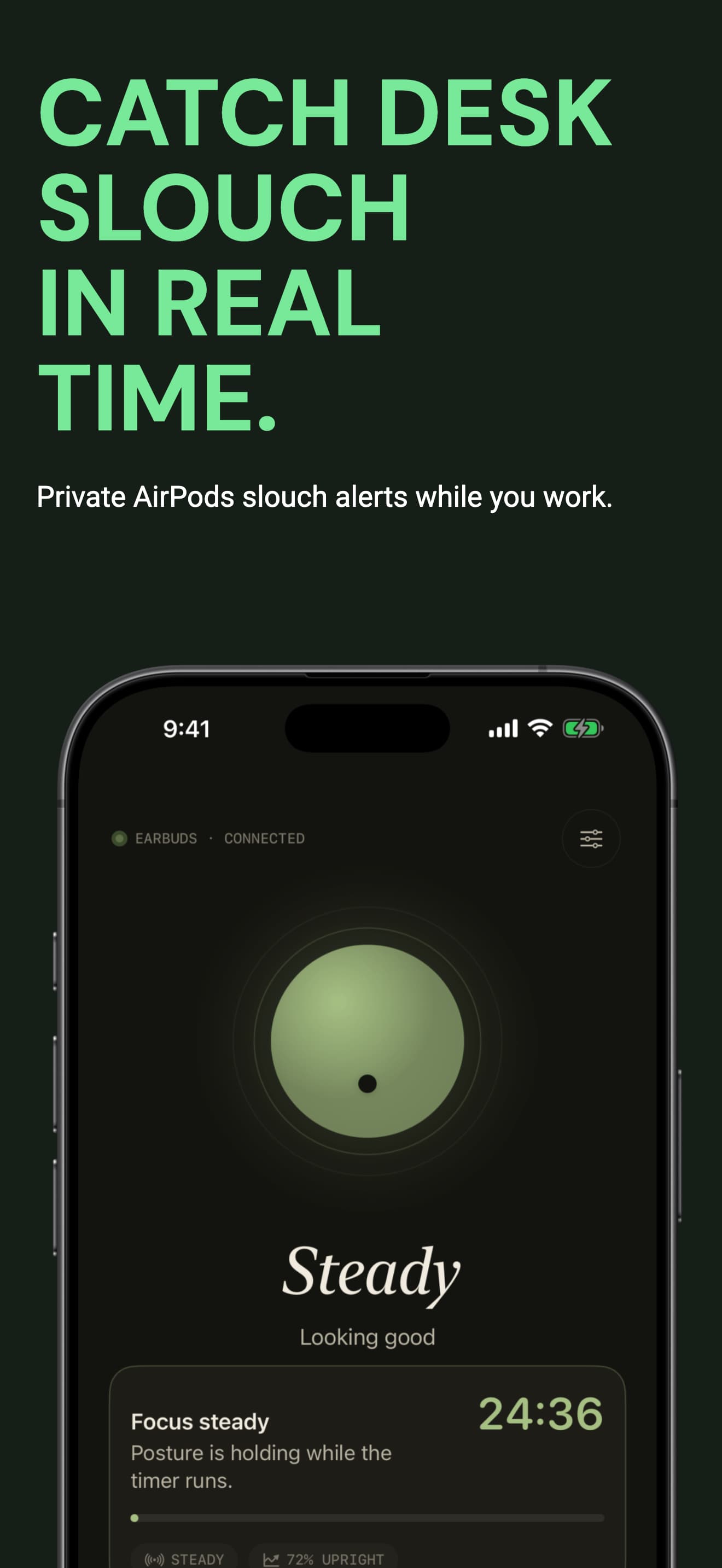 SitBloom live AirPods posture monitor with a steady posture result