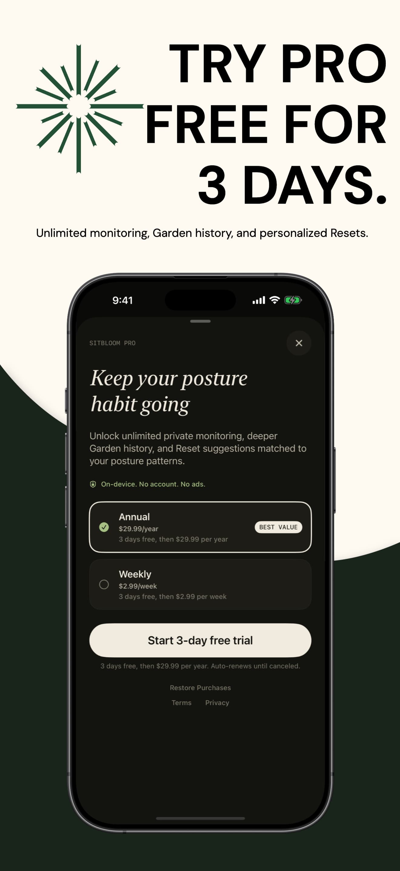 SitBloom Pro screen with weekly and annual subscription options