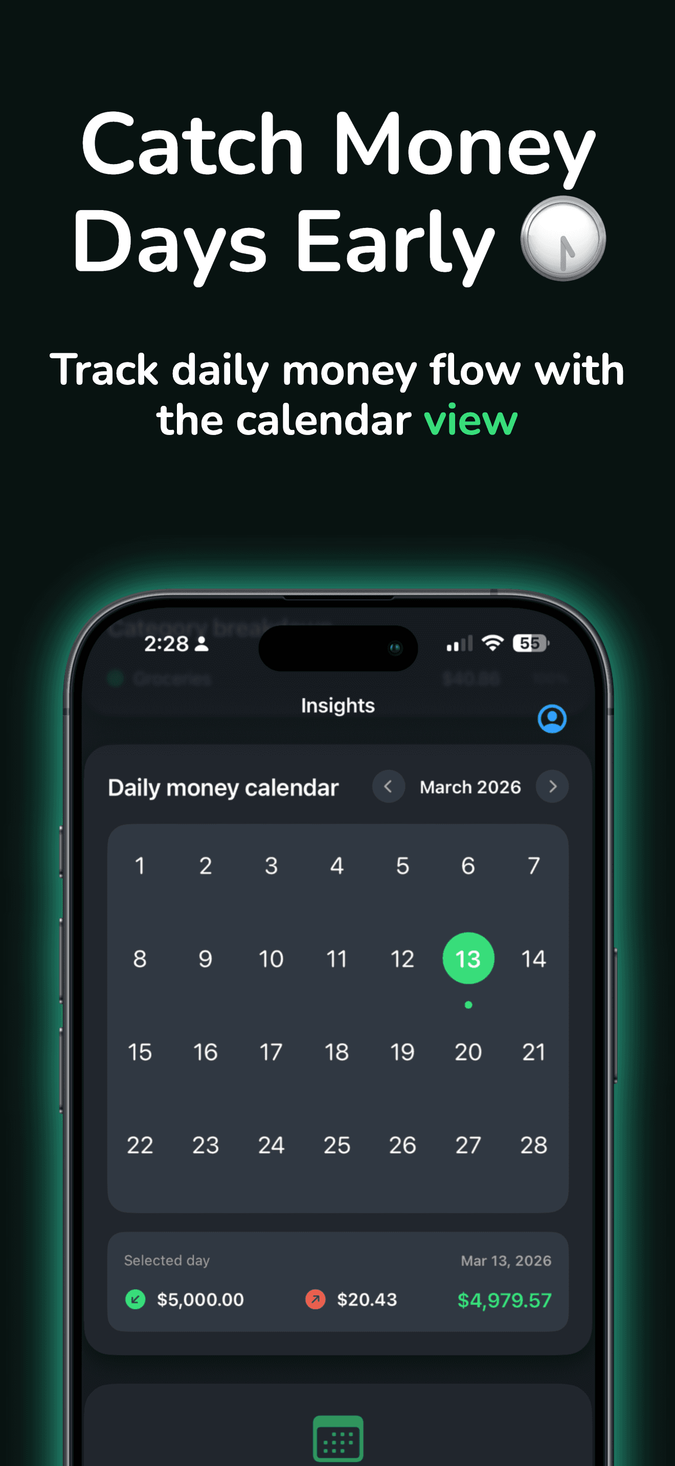 Sumwise Daily Money Calendar showing daily spending patterns and habits