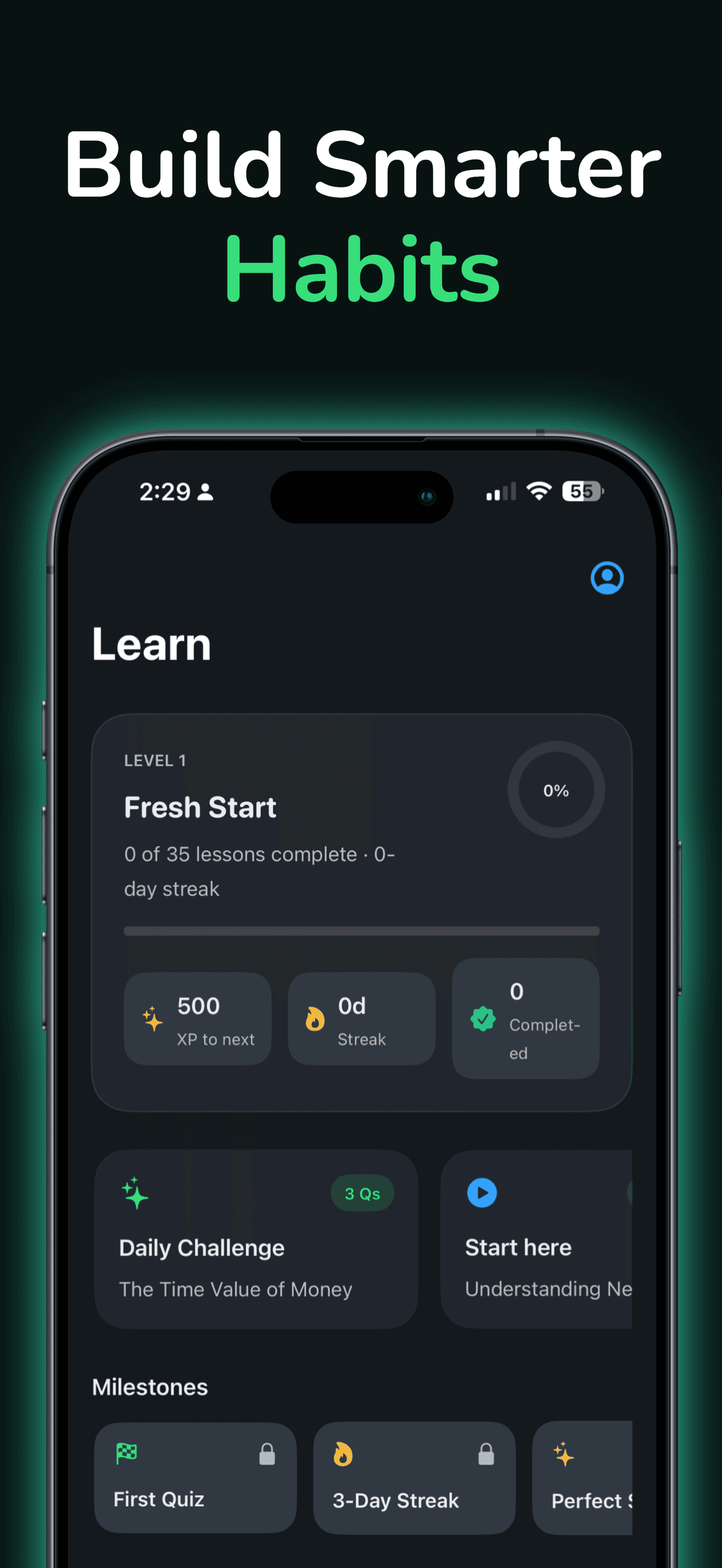 Sumwise financial learning tab with gamified lessons and quiz system